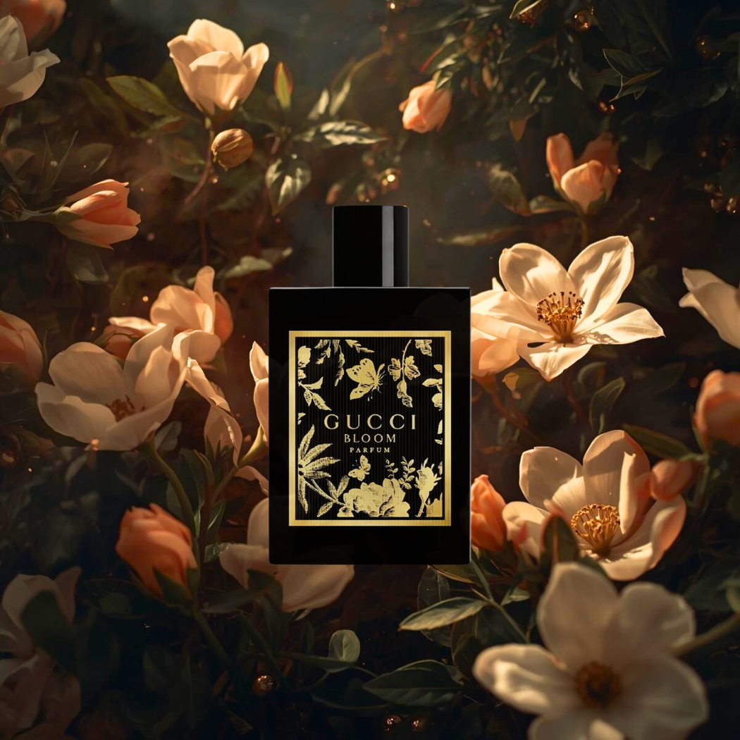 Flakon perfum Gucci Bloom Parfum stoi pośrodku kadru na tle nocnego ogrodu. Wokół widać kwiaty jaśminu i tuberozy, oświetlone ciepłym, złocistym światłem, które podkreśla zmysłowy i elegancki charakter zapachu.