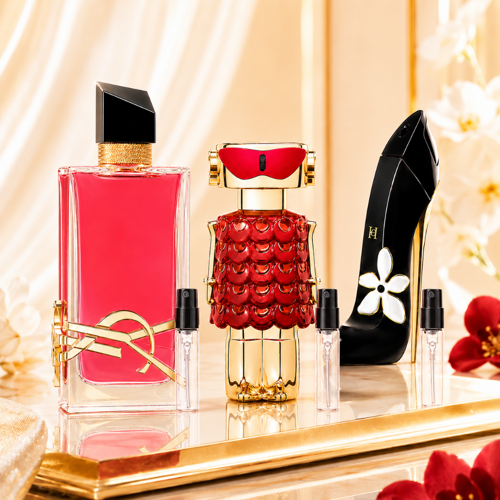 Women’s Bestseller Set z perfumami Yves Saint Laurent Libre Berry Crush, Rabanne Fame in Love i Carolina Herrera Good Girl Jasmine Absolute oraz szklanymi atomizerami na odlewki perfum.