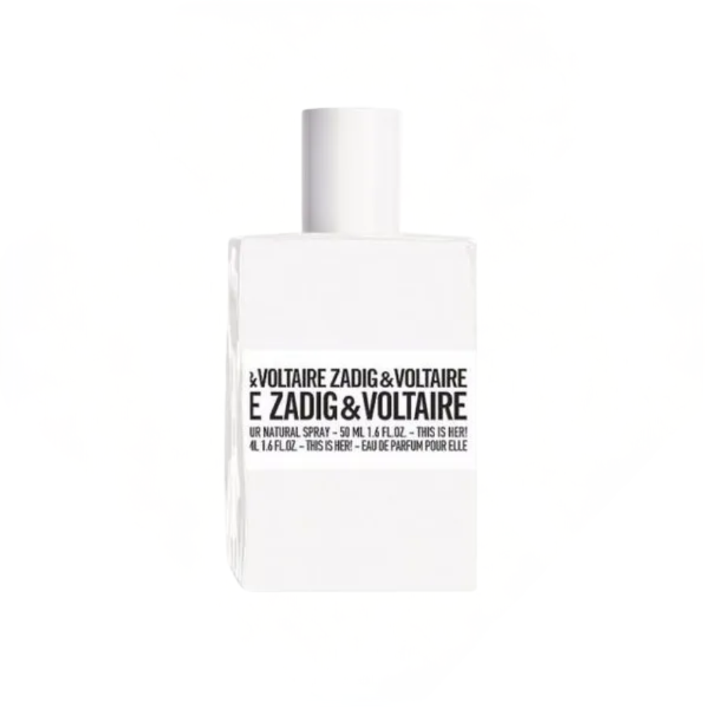 Flakon perfum Zadig & Voltaire This Is Her! Eau de Parfum dla kobiet – kremowy zapach z nutami wanilii, kasztana, jaśminu i drzewa kaszmirowego.