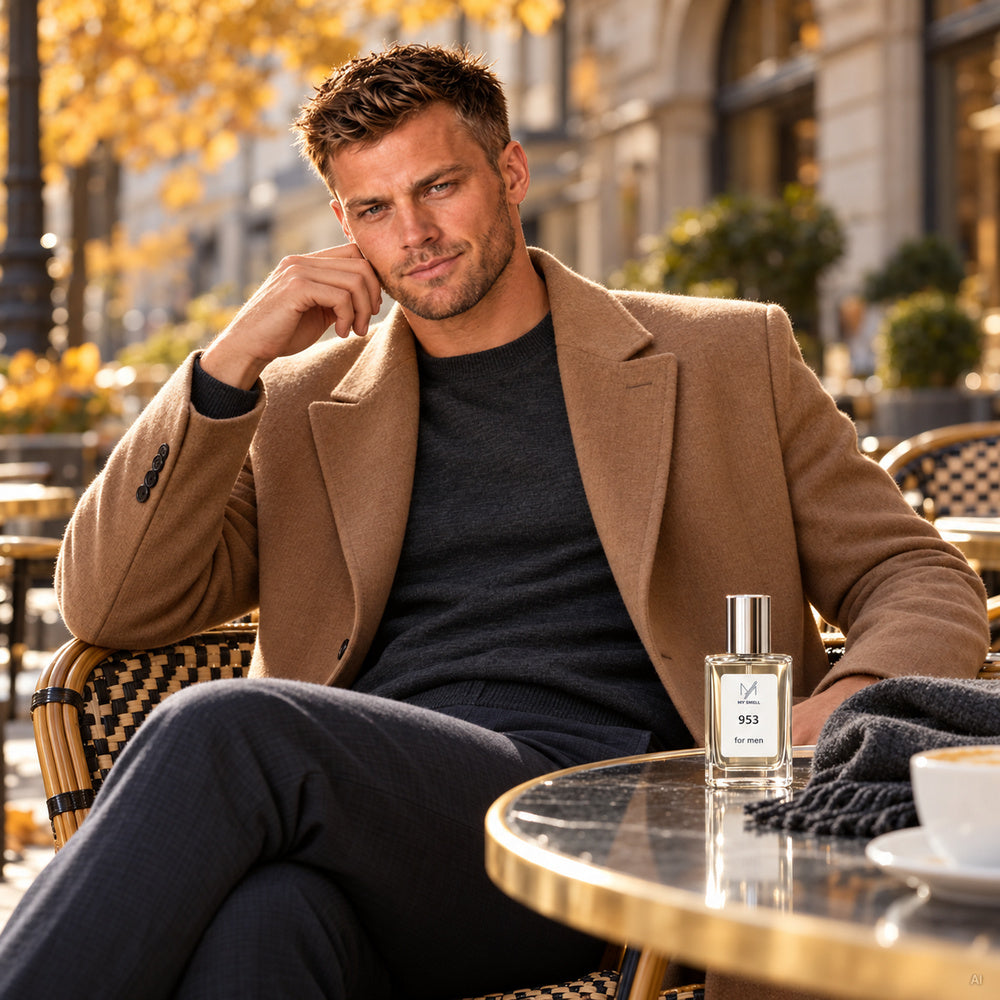 Max w jesiennej stylizacji przy kawiarni z perfumami MY SMELL — uniwersalna okładka, wizualizacja AI