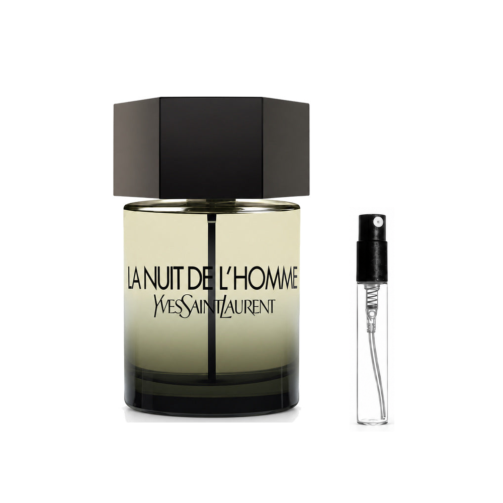 Yves Saint Laurent La Nuit de L'Homme Eau de Toilette – odlewka perfum – flakon i identyczny atomizer wzorcowy