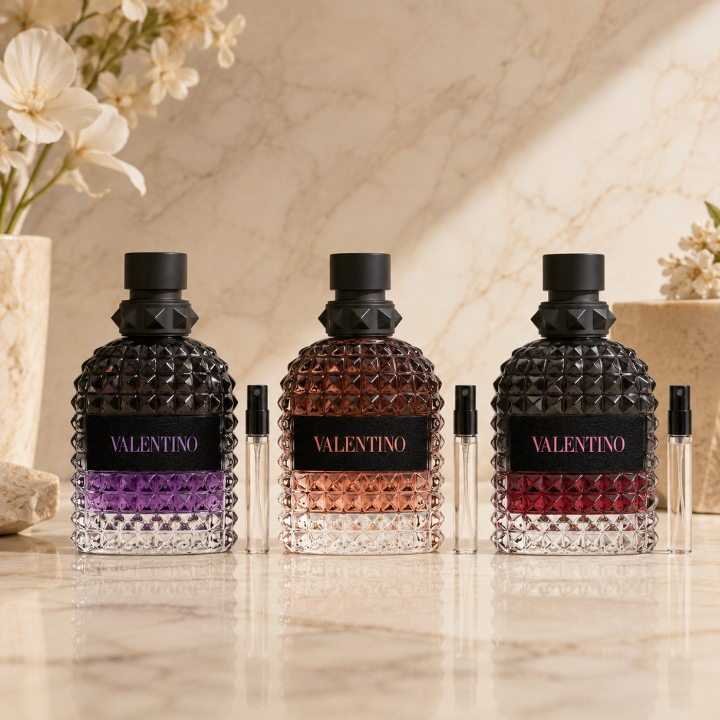 Born in Roma Nights Set z perfumami Valentino Uomo Born in Roma Purple Melancholia, Coral Fantasy i Born in Roma Intense oraz szklanymi atomizerami na odlewki perfum.