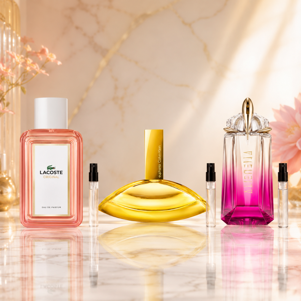 Bright Energy Set z perfumami Lacoste Original Pour Femme, Calvin Klein Euphoria Solar Elixir i Thierry Mugler Alien Pulp oraz szklanymi atomizerami na odlewki perfum.