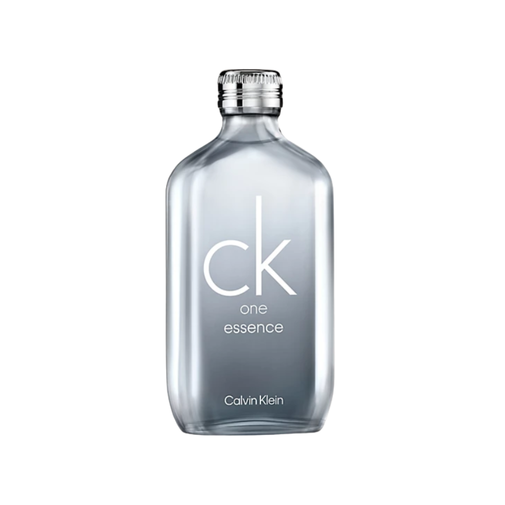 Flakon perfum Calvin Klein CK One Essence Intense obok srebrnego opakowania.