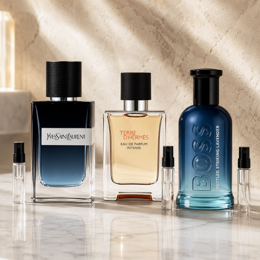 Elegant Woods Set z perfumami Hugo Boss Bottled Striking Lavender, Hermès Terre d’Hermès Eau Intense i Yves Saint Laurent Y oraz szklanymi atomizerami na odlewki perfum.