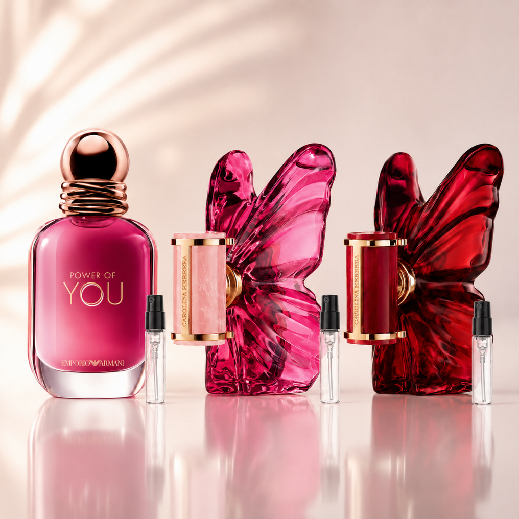 Sweet & Sensual Set z perfumami Armani Power of You, Carolina Herrera La Bomba i Carolina Herrera La Bomba Intensa oraz szklanymi atomizerami na odlewki perfum.