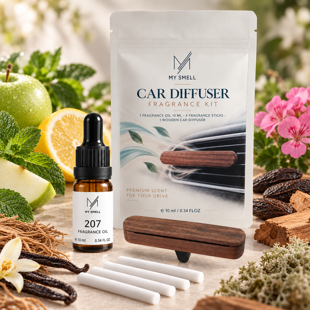 MY SMELL 207 – zestaw zapachowy do samochodu: olejek 10 ml, drewniany dyfuzor i cztery wkłady bawełniane, otoczenie nawiązujące do nut głowy, serca i bazy