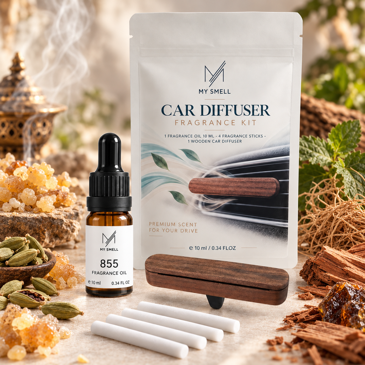 MY SMELL 855 – zestaw zapachowy do samochodu: olejek 10 ml, drewniany dyfuzor i cztery wkłady bawełniane, otoczenie nawiązujące do nut głowy, serca i bazy
