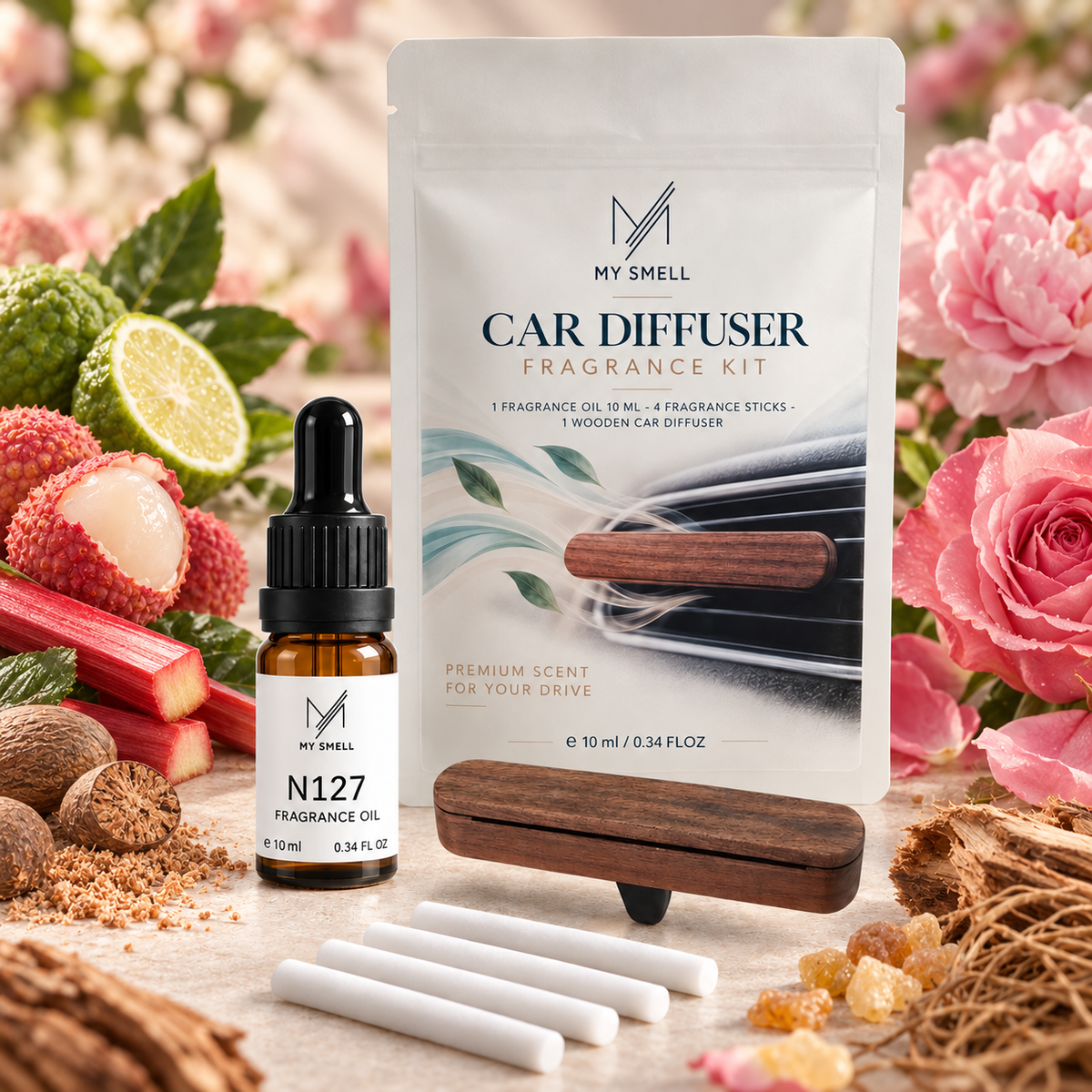 MY SMELL N127 – zestaw zapachowy do samochodu: olejek 10 ml, drewniany dyfuzor i cztery wkłady bawełniane, otoczenie nawiązujące do nut głowy, serca i bazy