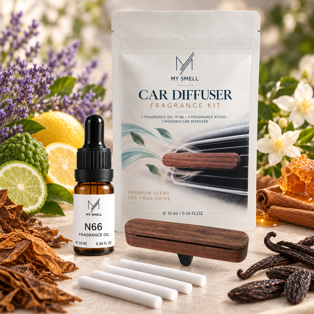 MY SMELL N66 – zestaw zapachowy do samochodu: olejek 10 ml, drewniany dyfuzor i cztery wkłady bawełniane, otoczenie nawiązujące do nut głowy, serca i bazy