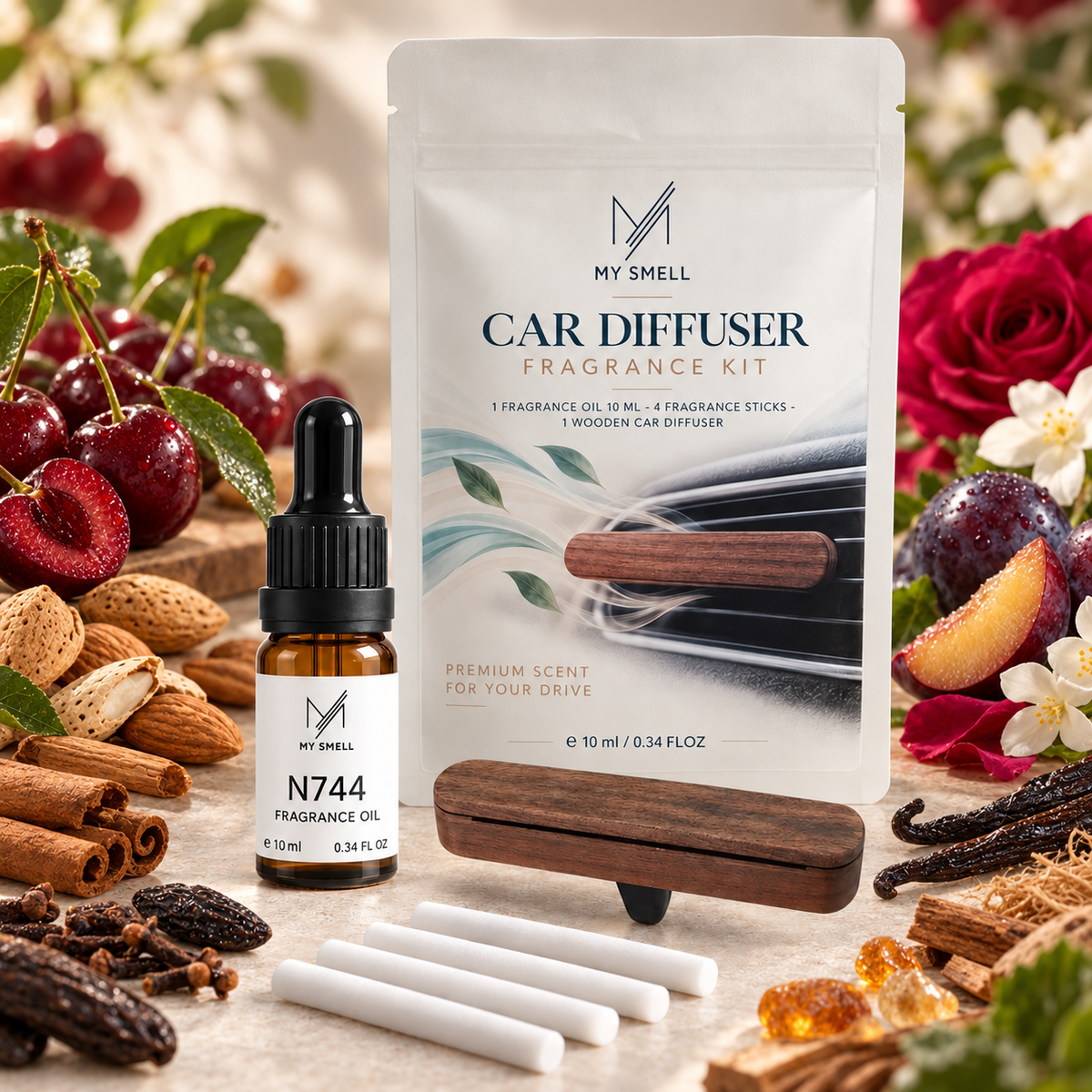 MY SMELL N744 – zestaw zapachowy do samochodu: olejek 10 ml, drewniany dyfuzor i cztery wkłady bawełniane, otoczenie nawiązujące do nut głowy, serca i bazy